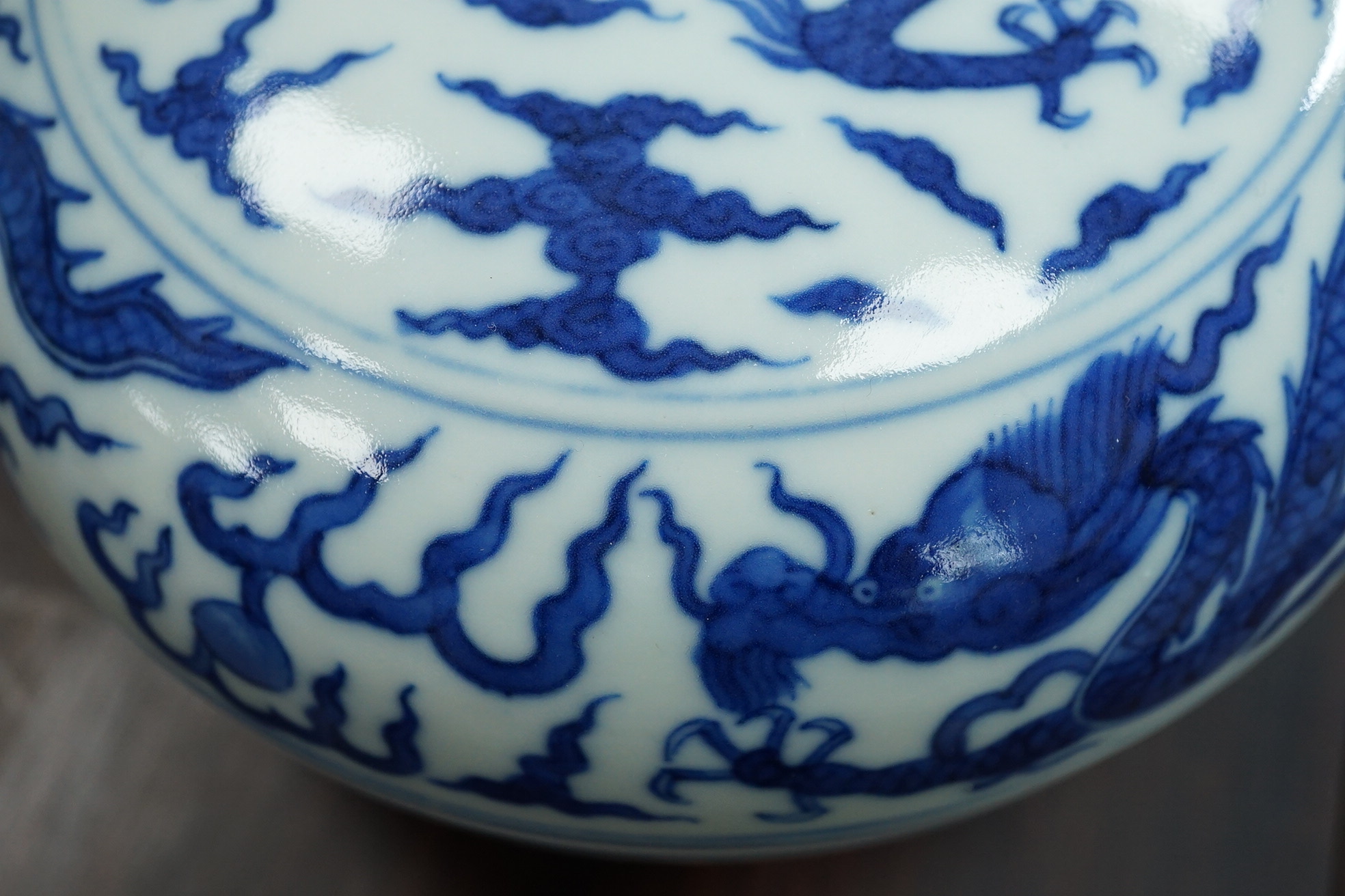 A Chinese blue and white ‘dragon’ box and cover, Jiajing six character mark, 19th century